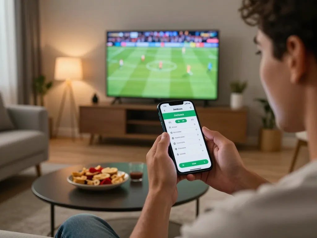 Player placing a bet with the Jeetbuzz app during a live sports match at home.