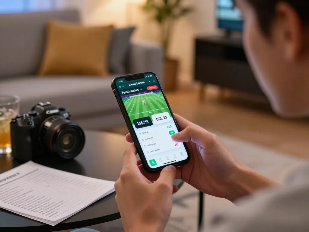 Enthusiastically registering for đăng ký may88 while viewing live sports betting odds on a smartphone in a cozy home