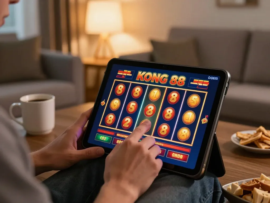 KONG 88 slot game in action on a tablet in a cozy home setting, showcasing responsible online gambling.