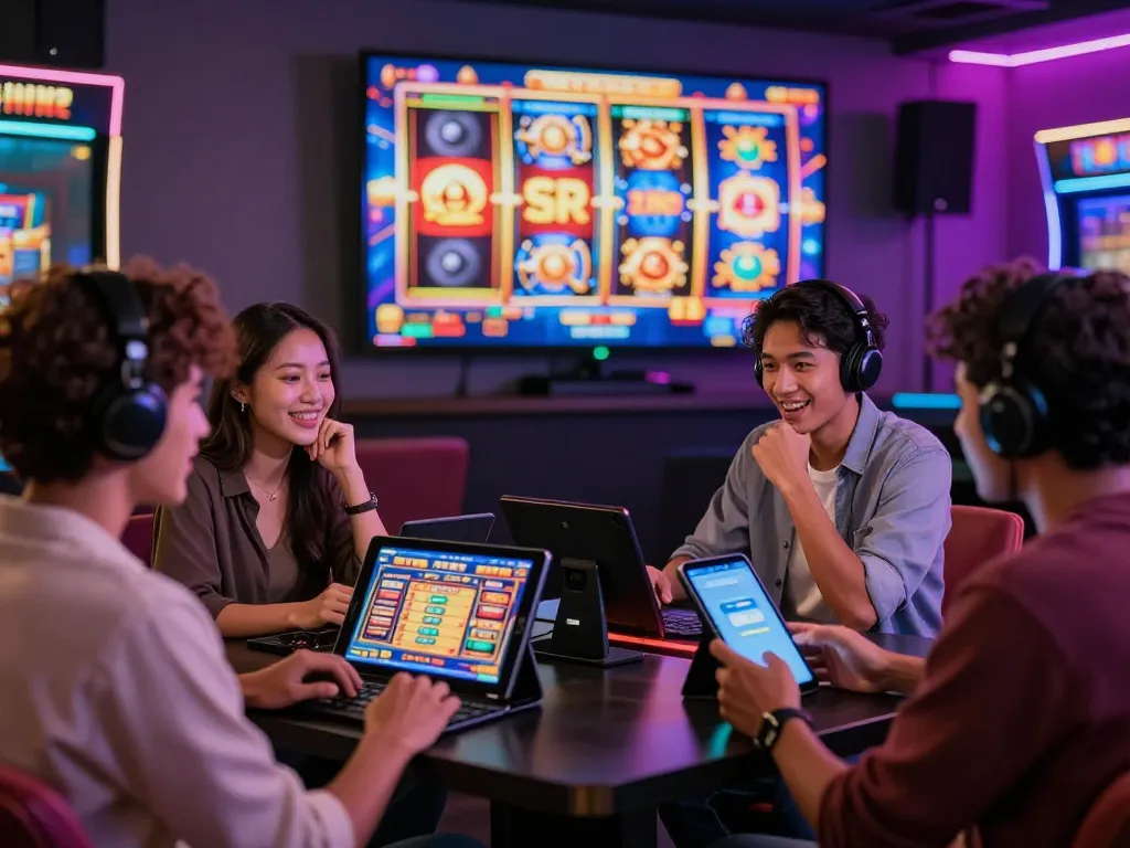 Pemain yang antusias menikmati situs slot gacor di ruang virtual yang semarak dengan pencahayaan LED