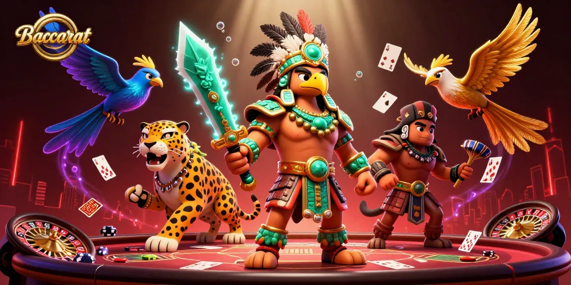 Baccarat scene featuring a 3D Aztec warrior, jaguar, and floating playing cards, representing casino excitement.