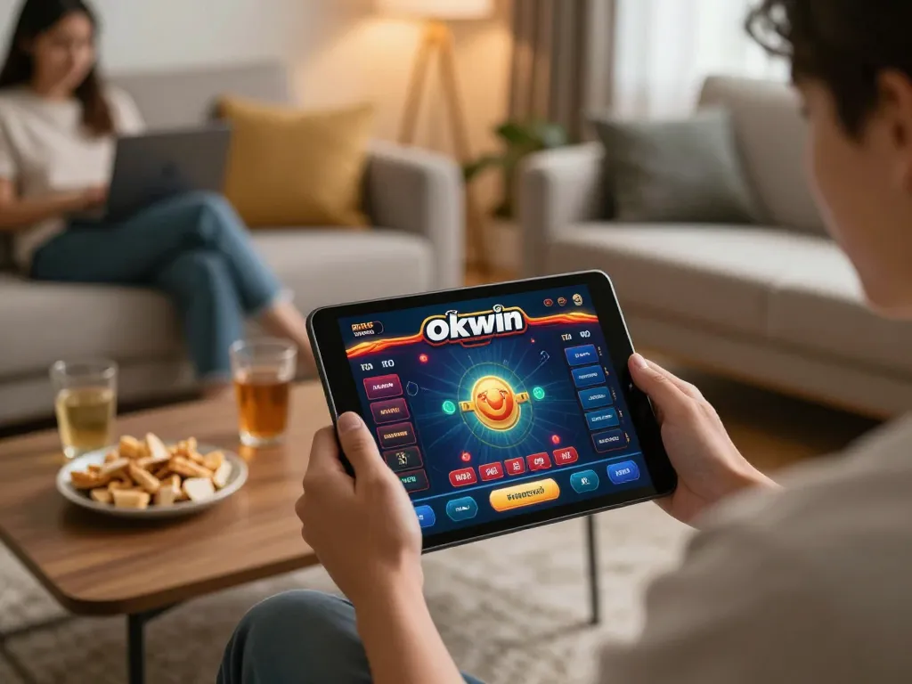 Person playing on Tập đoàn okwin online casino tablet surrounded by home comforts, illustrating cozy gaming atmosphere.