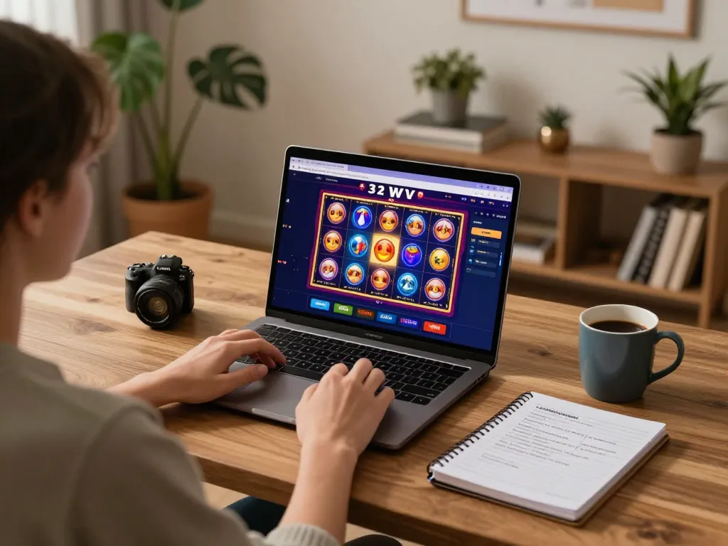 Player engaging with 32win casino slot game interface in cozy home setup