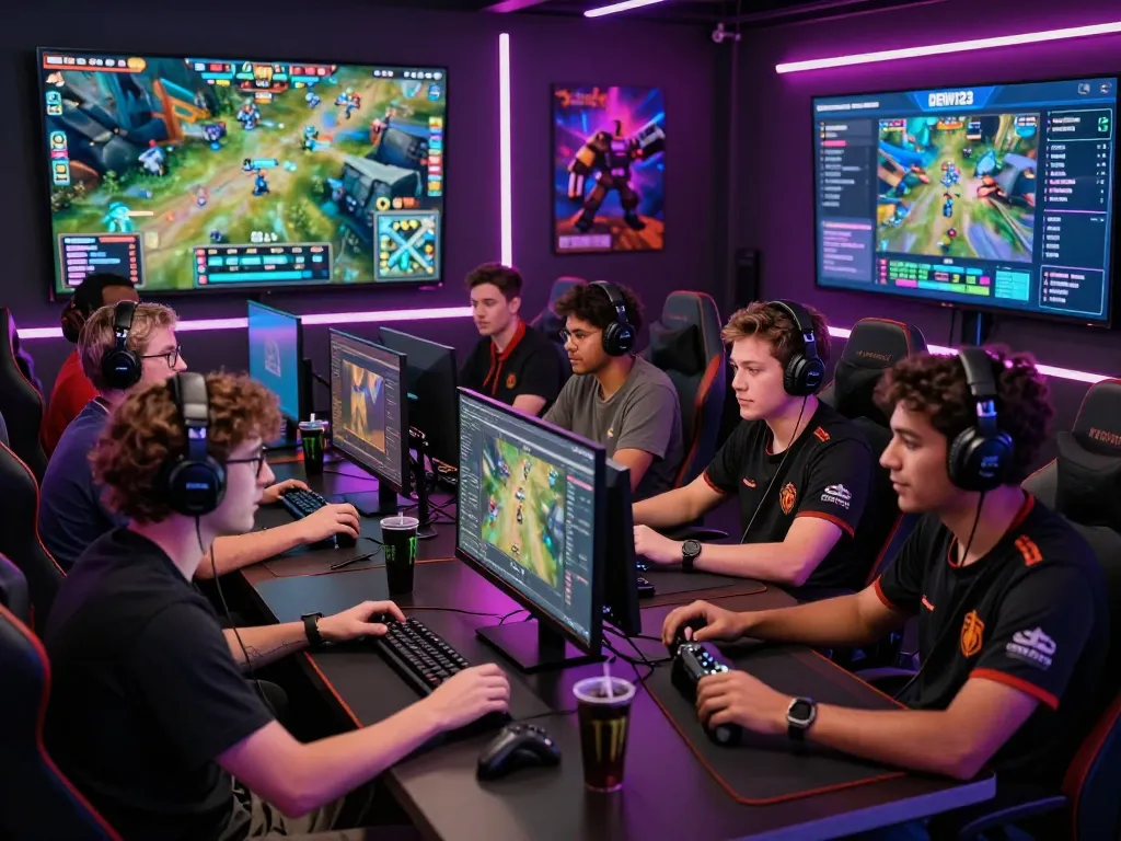 Group of gamers collaborating on DEWI123 online platform with vibrant displays and neon lighting.