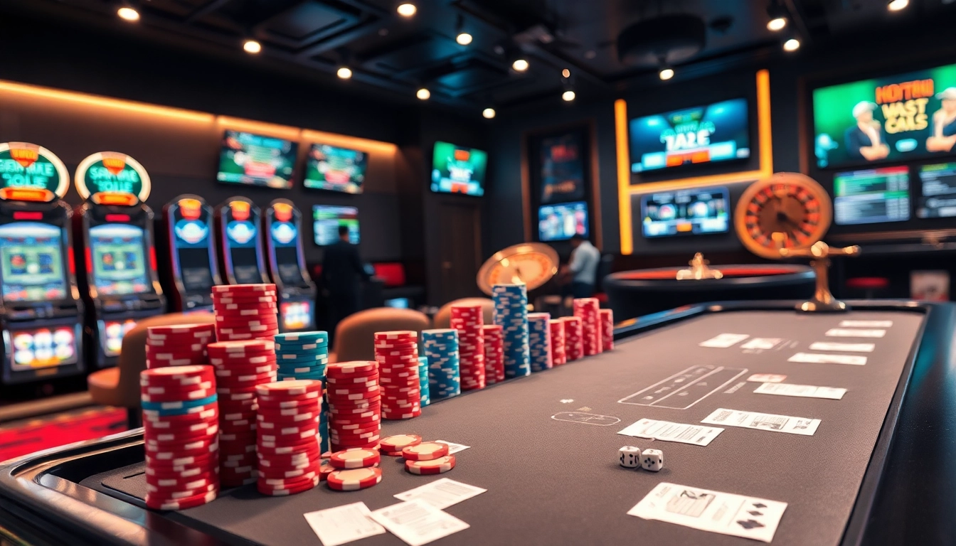 Engaging gambling atmosphere at keonhacai5 with poker table, colorful chips, and exciting betting action.