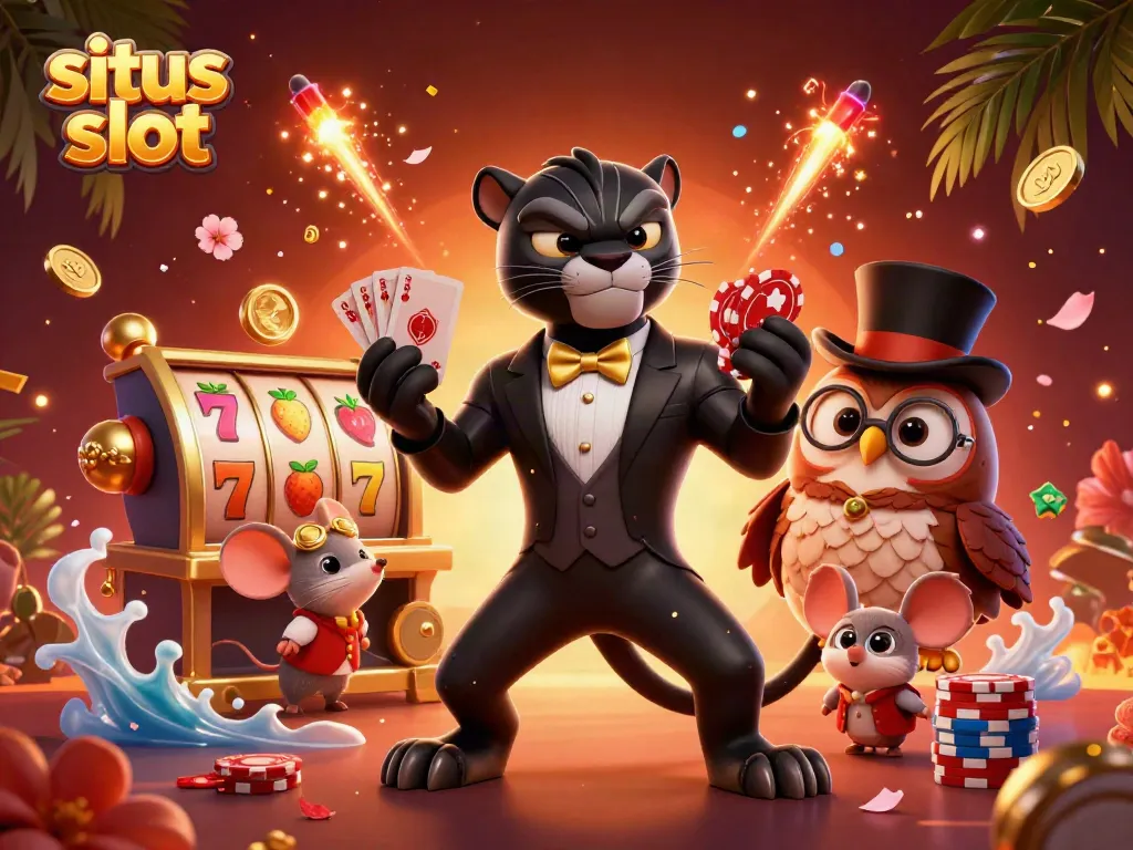 Menampilkan karakter kasino yang menghibur dengan situs slot menonjol, dikelilingi berbagai simbol keberuntungan.