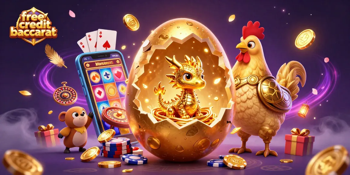 Engage with free credit baccarat as a golden dragon emerges from eggshells amidst vibrant casino elements.