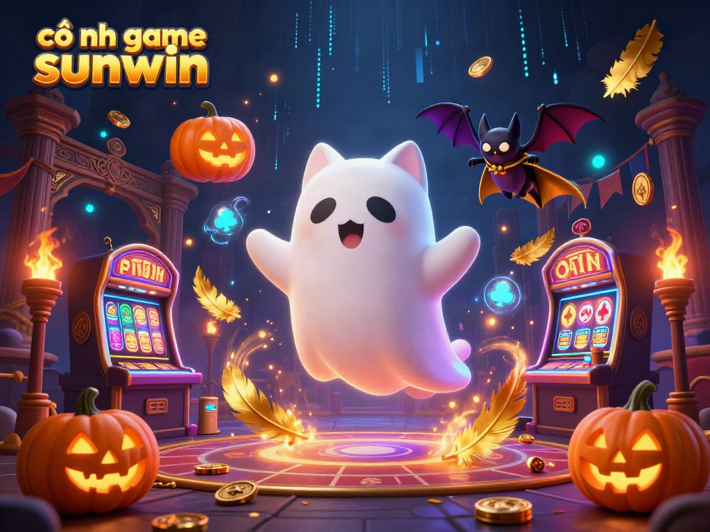 Experience the thrill of cổng game sunwin with a ghost cat and vampire bat in a haunted casino scene.
