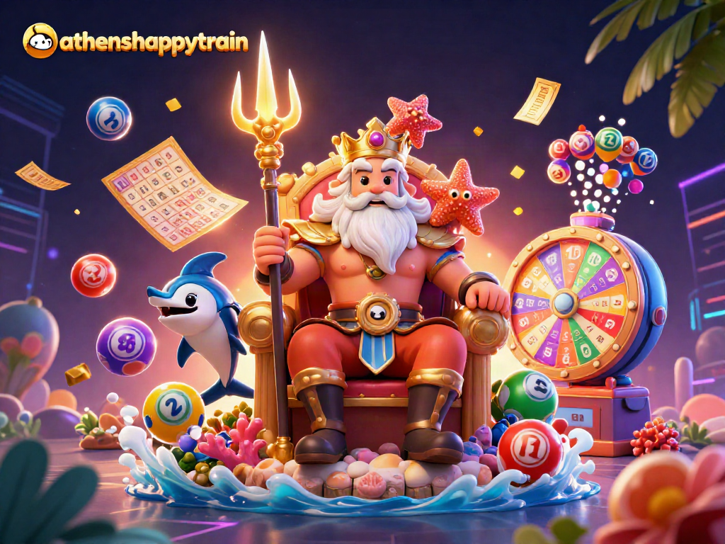 Engage with exciting moments at athenshappytrain as Neptune and friends celebrate lottery games.