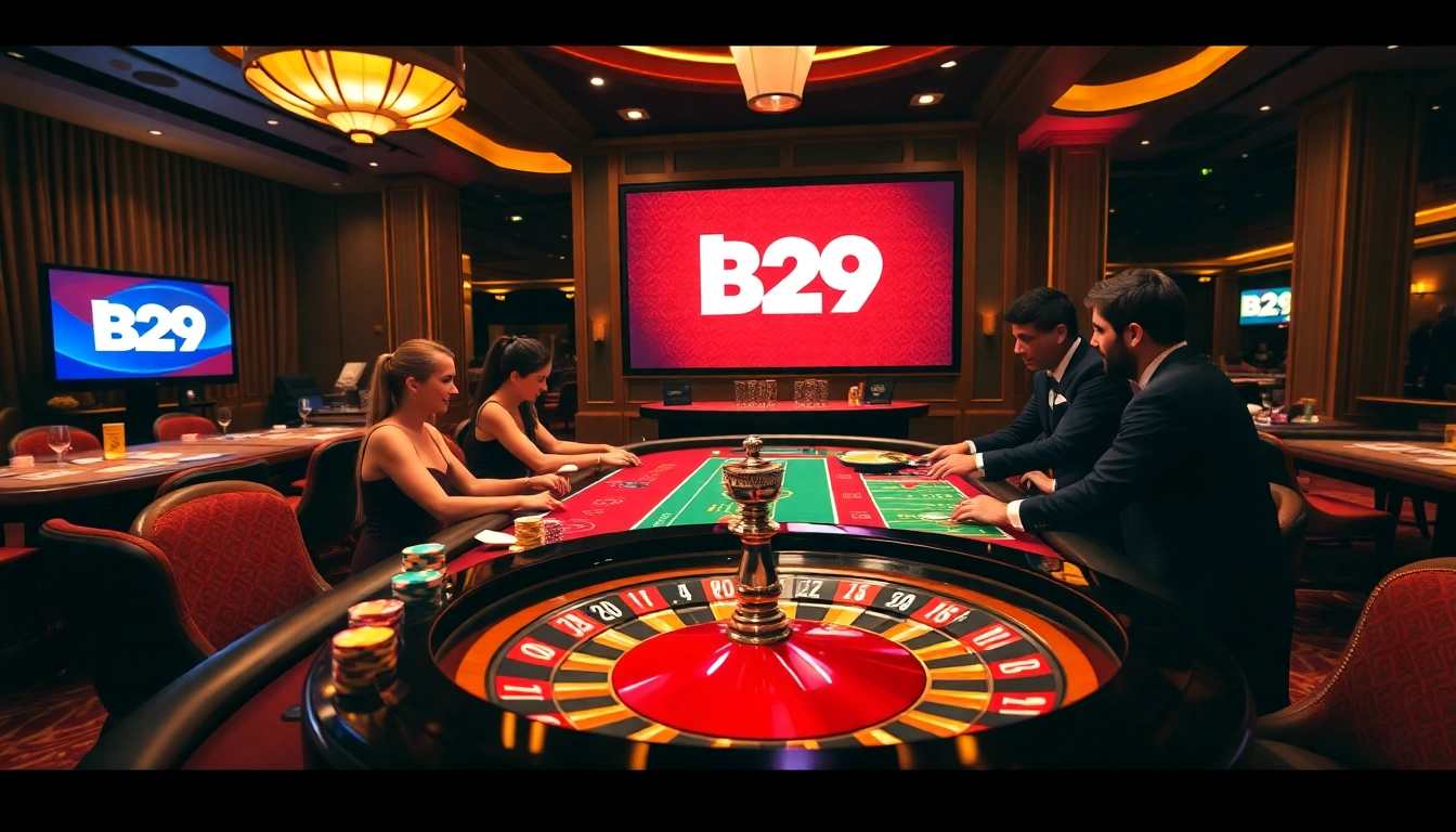 B29 platform thriving in a luxurious casino setting with vibrant games and professional dealers.