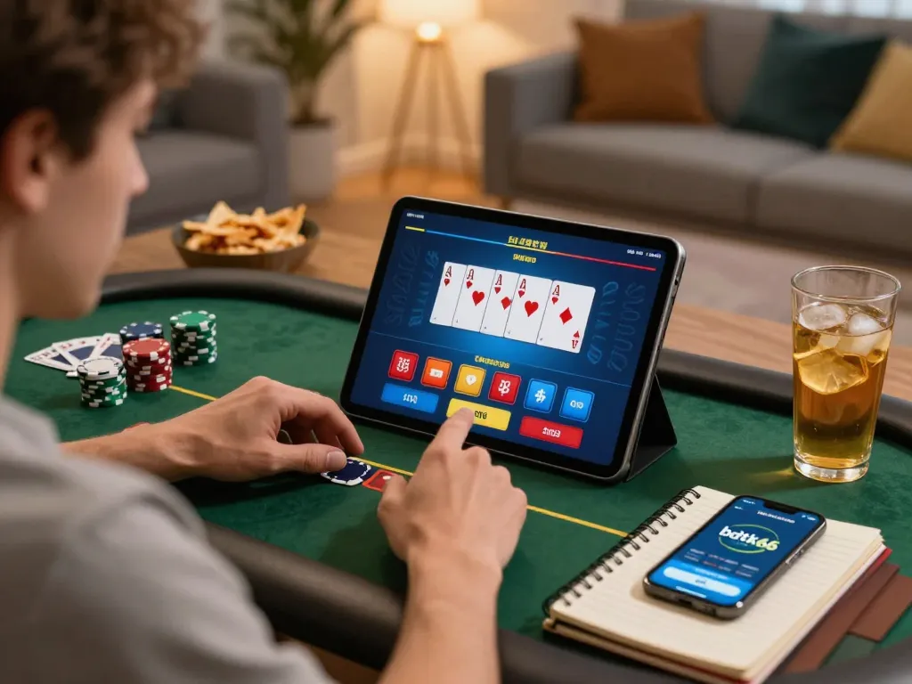 Engaging in bdtk66 online gambling on a tablet while keeping track of strategies in a cozy home setup.