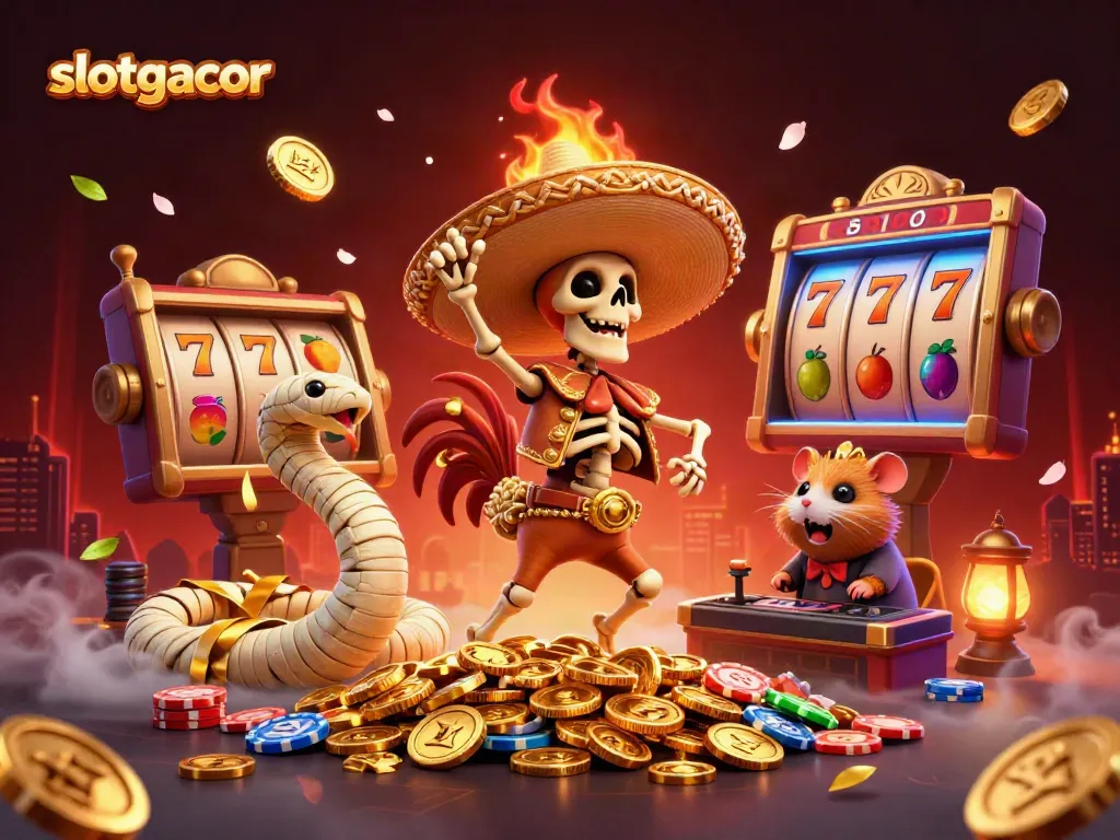 Slotgacor menampilkan karakter skeleton mariachi meriah di atas tumpukan koin emas pada acara kasino online.