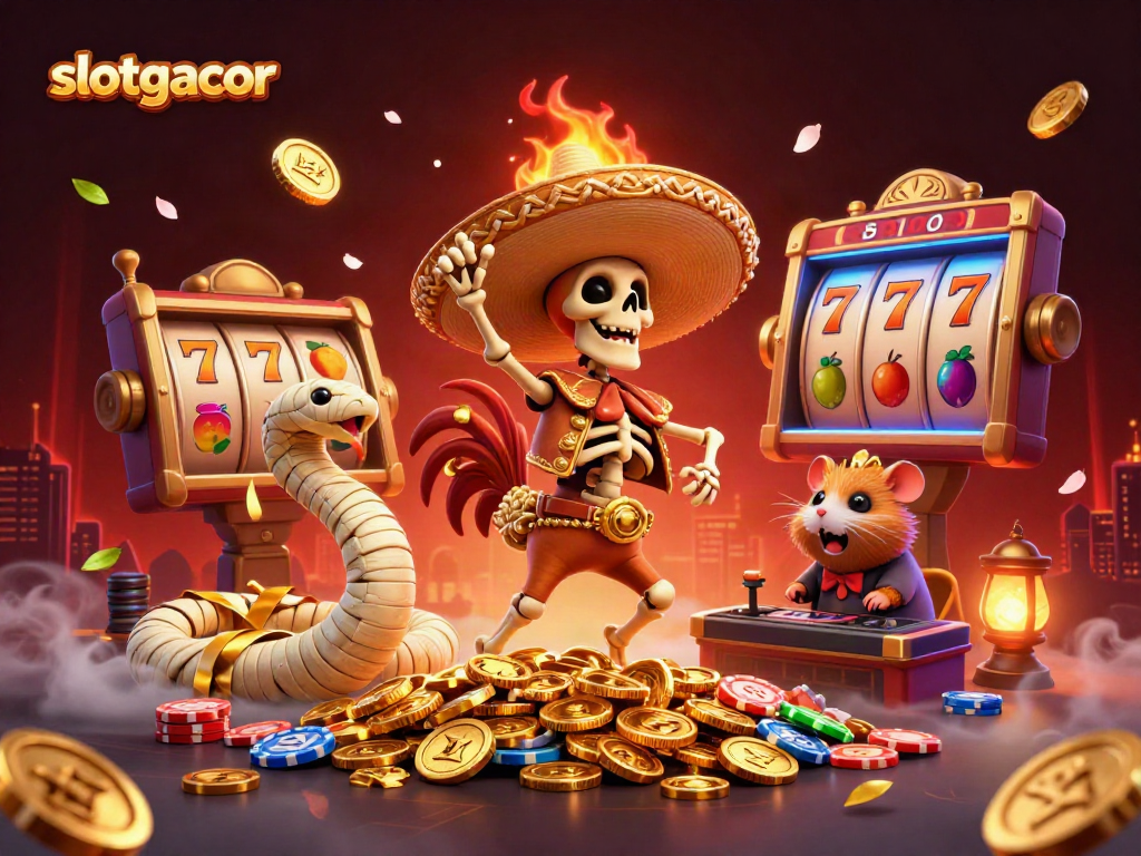 Slotgacor menampilkan karakter skeleton mariachi meriah di atas tumpukan koin emas pada acara kasino online.