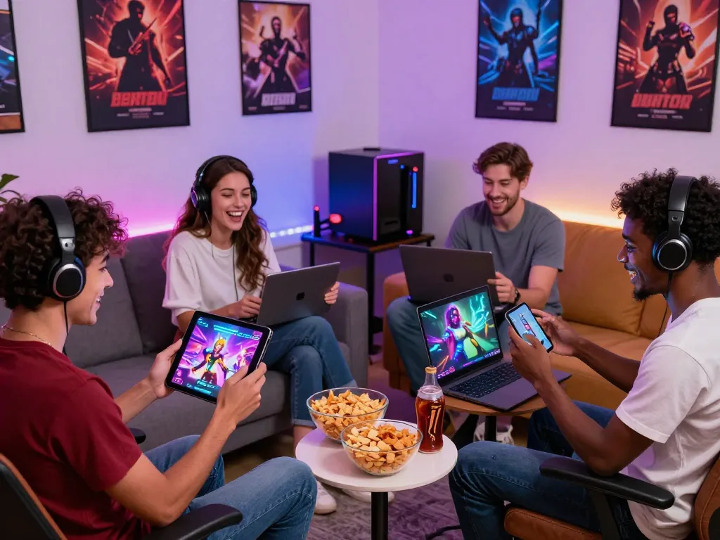 Engaged gamers enjoying various sex games across devices in a cozy room.