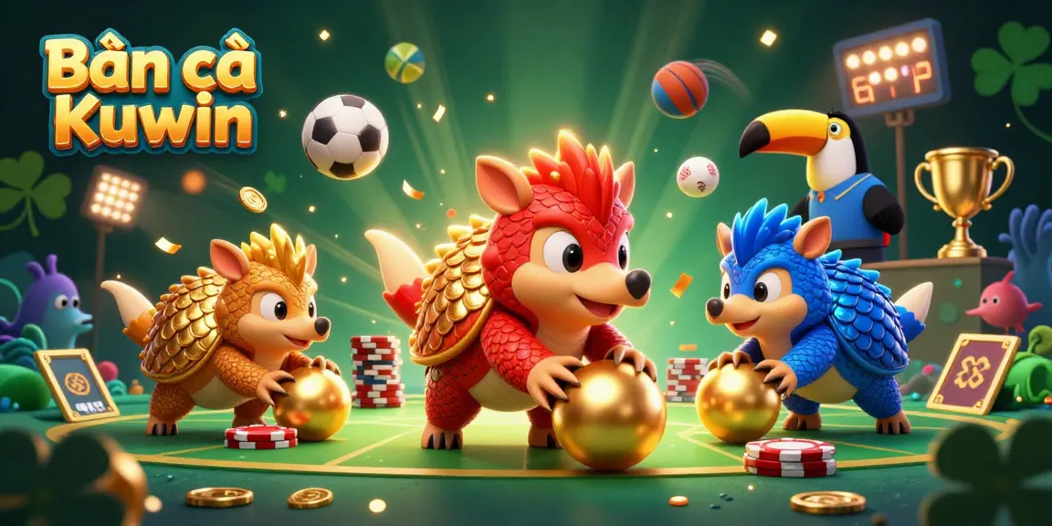 Bắn cá Kuwin features dynamic underwater scenes with rival pangolins capturing treasures in a vibrant gaming environment.