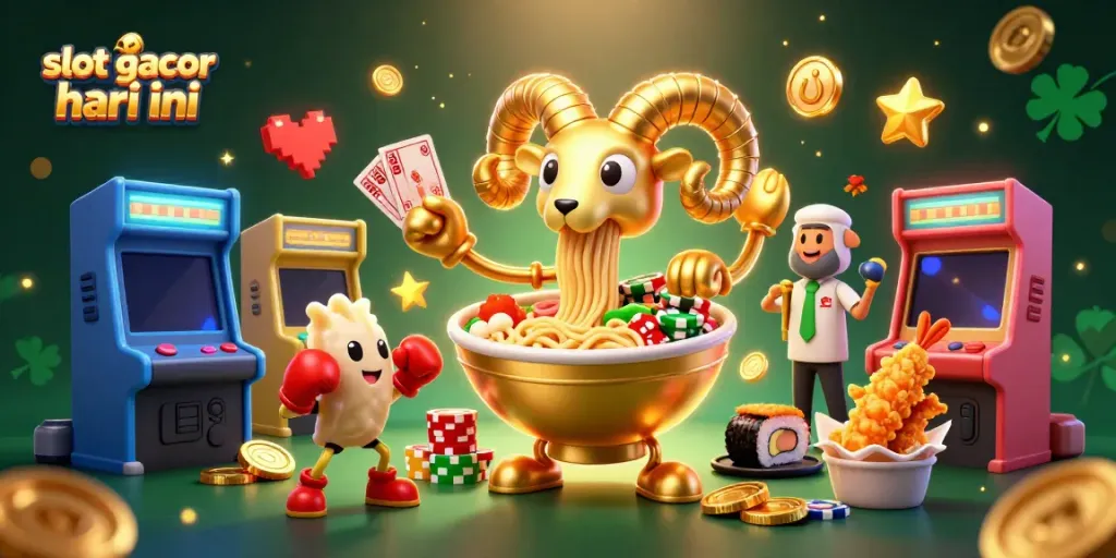 Slot gacor hari ini: ilustrasi menampilkan ramen raksasa bermain kartu dan bersaing di mesin permainan 3D.