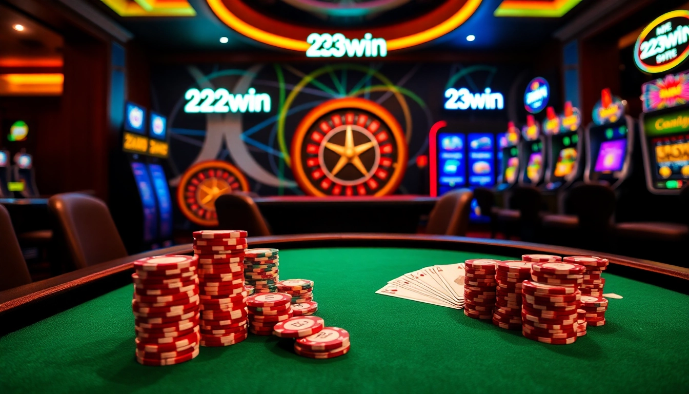 Engaging poker scene at 23win casino with vibrant lighting and colorful chips.
