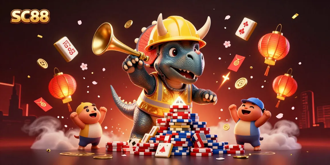 SC88 casino scene with triceratops building poker chip pyramid in a festive celebration