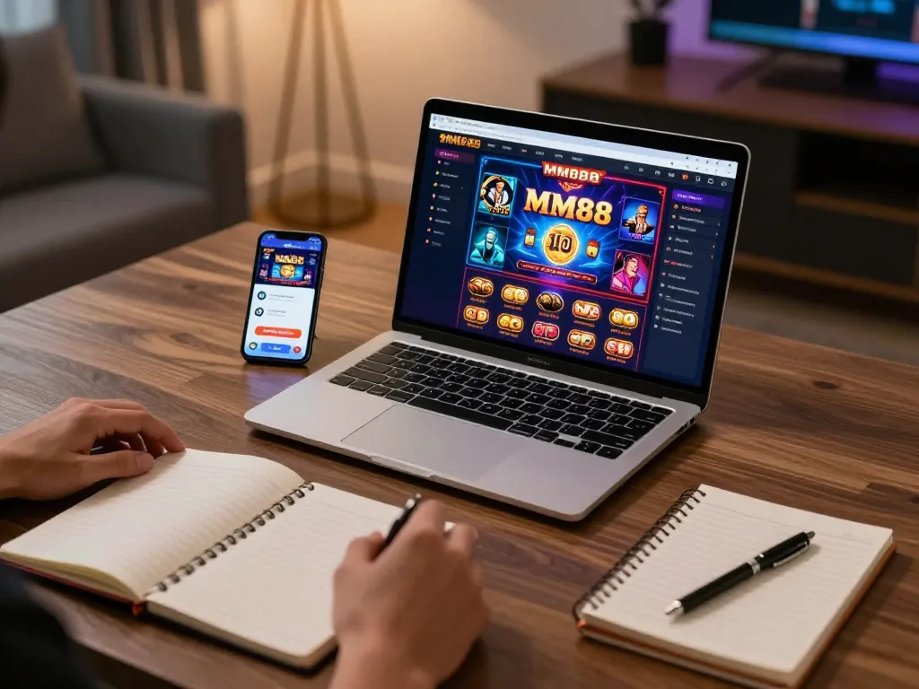 Engaging in online casino gaming on MM88 platform, showcasing dynamic gaming setup and strategic engages.