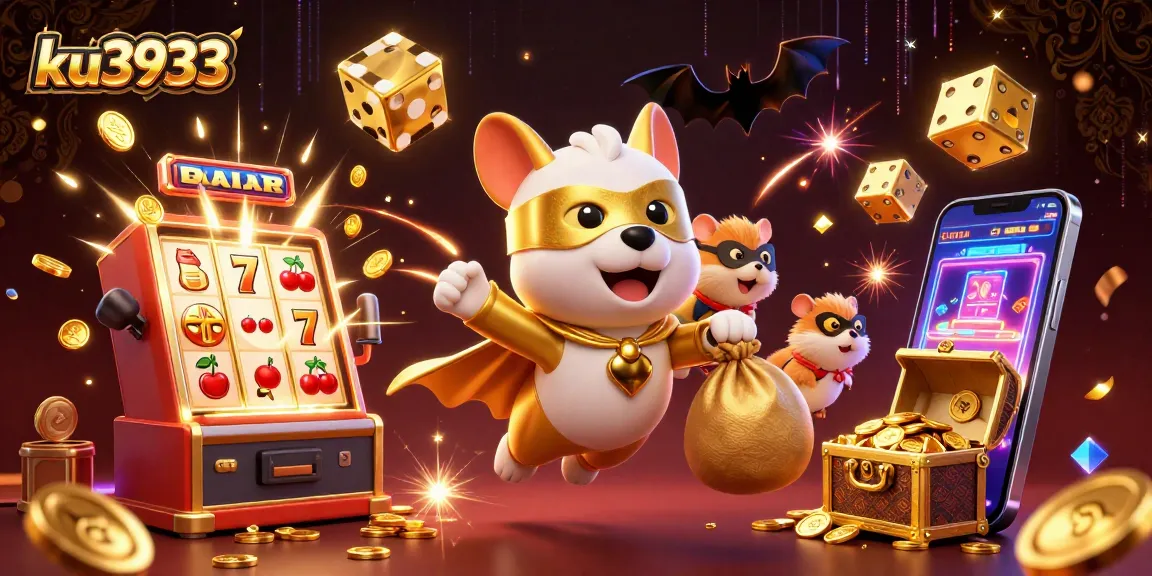 ku3933 showcases a playful superhero dog and hamster amidst a vibrant casino scene.