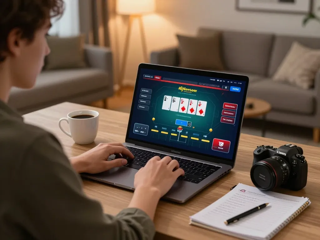 Player engaging in online poker gaming with LC88 interface on laptop.