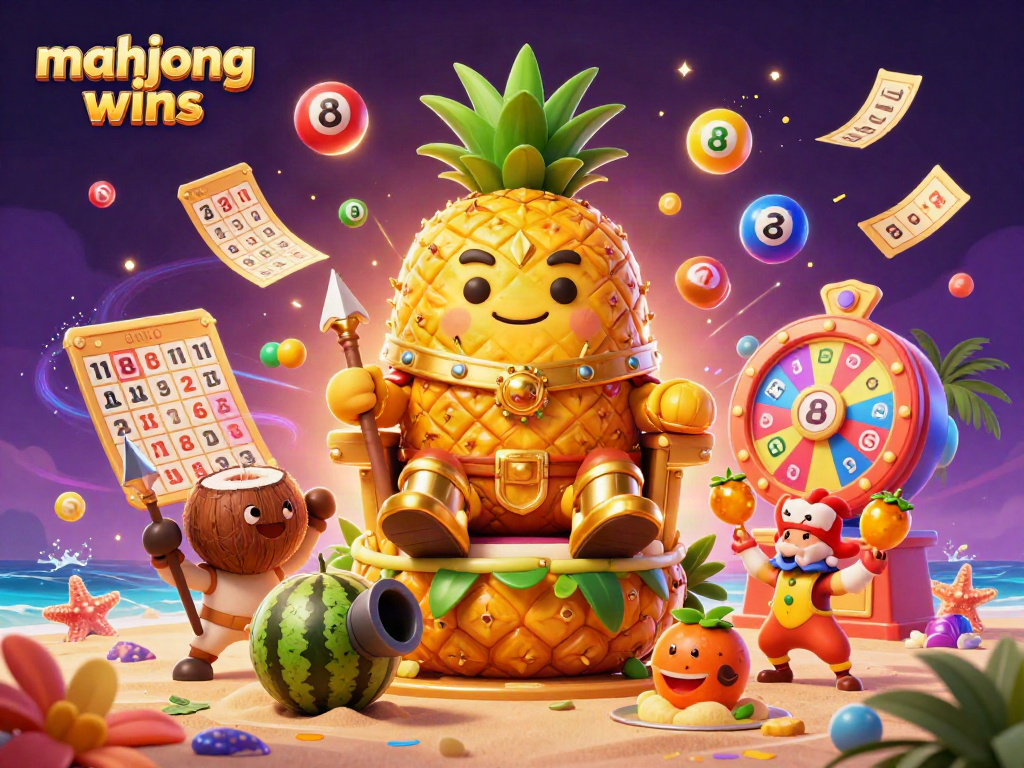 Experience mahjong wins with vibrant, playful casino scene featuring a cartoon pineapple king and dynamic game elements.