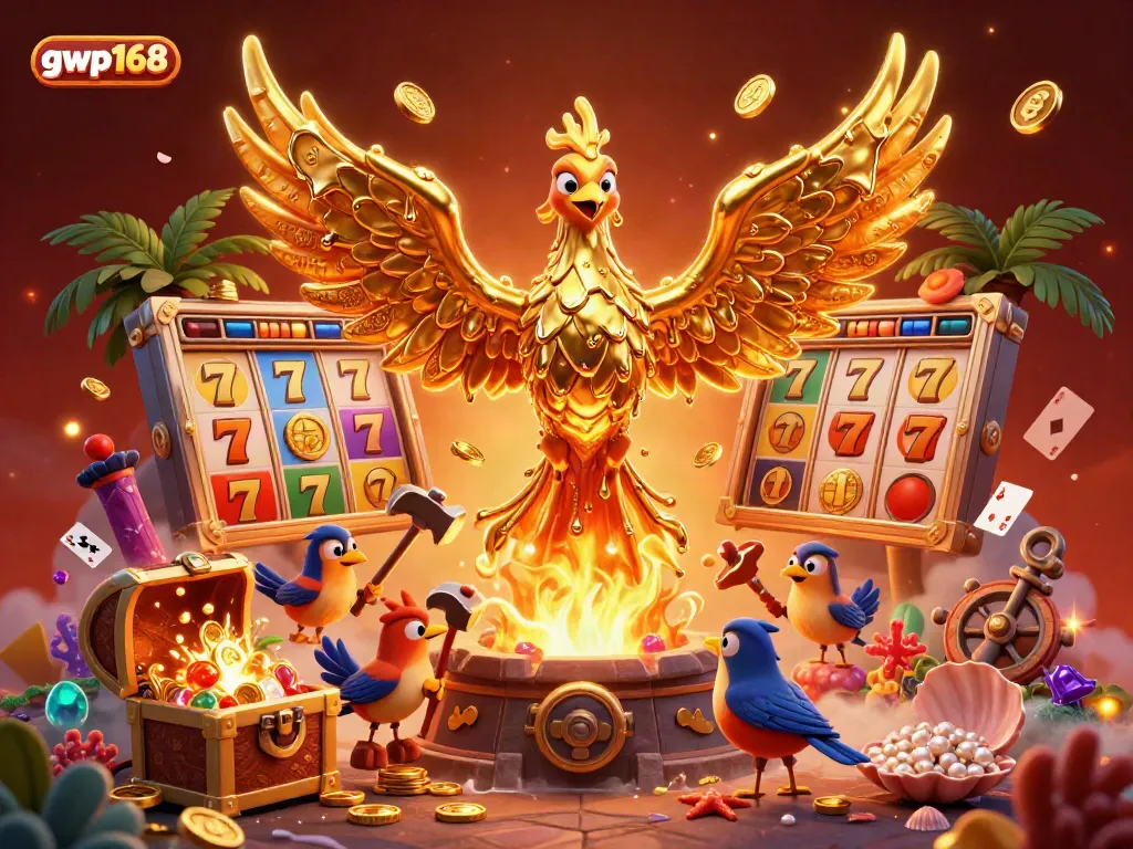 GWP168 menghadirkan permainan slot dengan phoenix emas, simbol keberuntungan dan tumpukan koin.