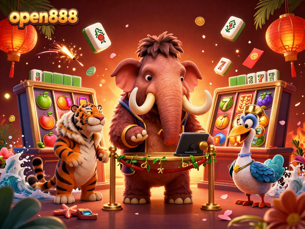 Join the excitement at open888 casino with a vibrant 3D scene showcasing a woolly mammoth bouncer and dynamic slot games.