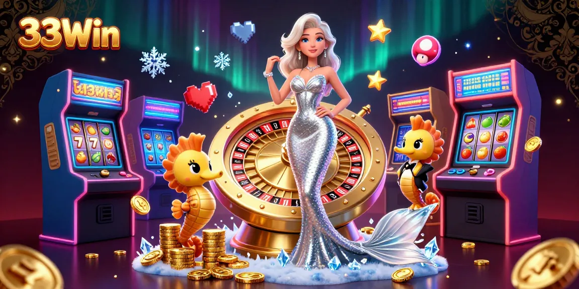Experience thrilling gaming at 33Win with vibrant visuals of a roulette wheel and playful characters.