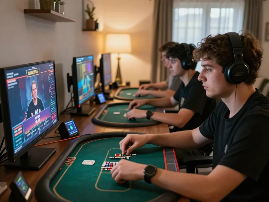 Player engaged in strategic poker gameplay on Rik VIP site, showcasing intense focus and home comfort.