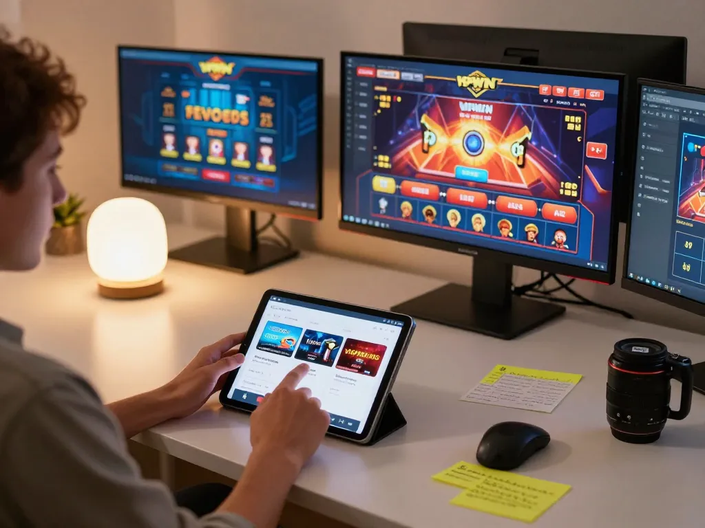 Engaging with the VIPWIN app for online gaming in a cozy modern setting.