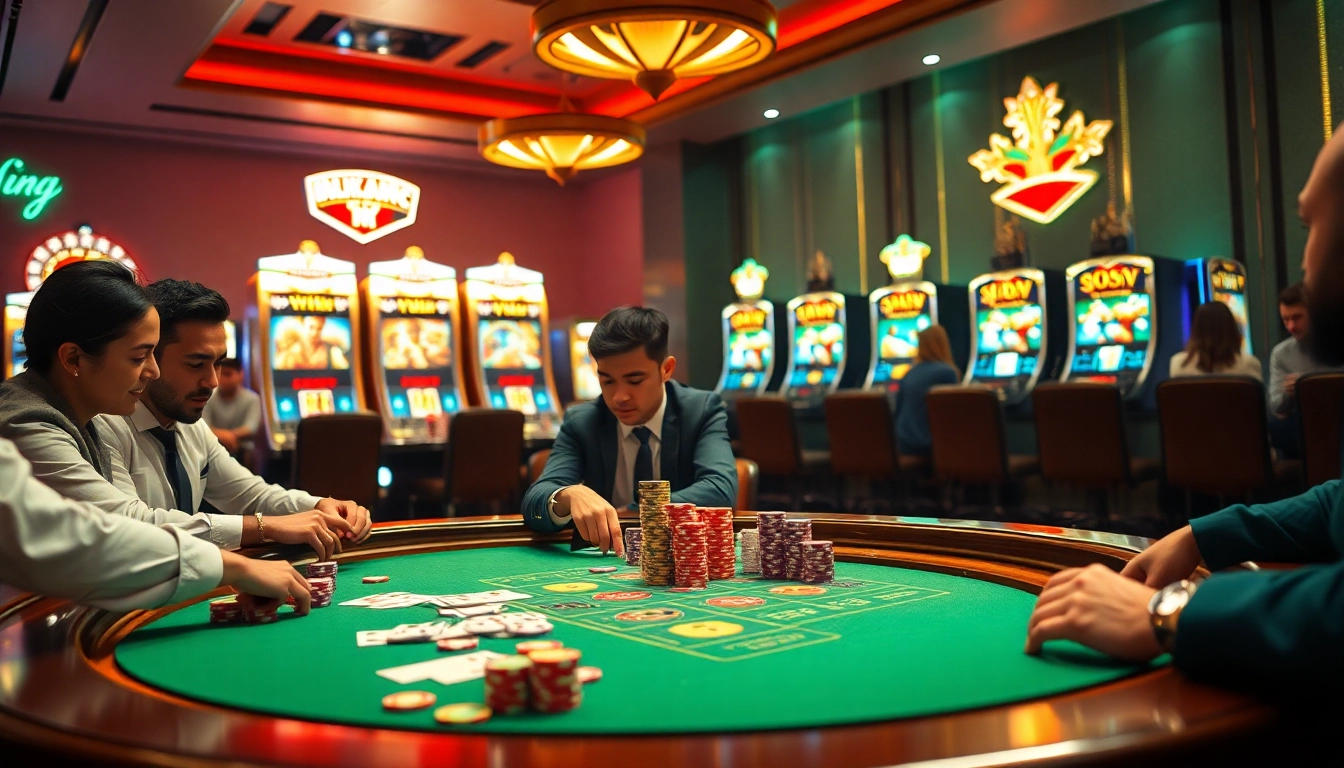 Players enjoying a thrilling poker game on 98win.com, featuring vibrant chips and strategic hands.