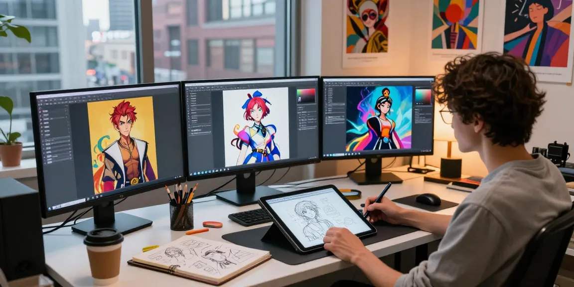 AI NSFW artist creating vibrant digital images in a colorful studio