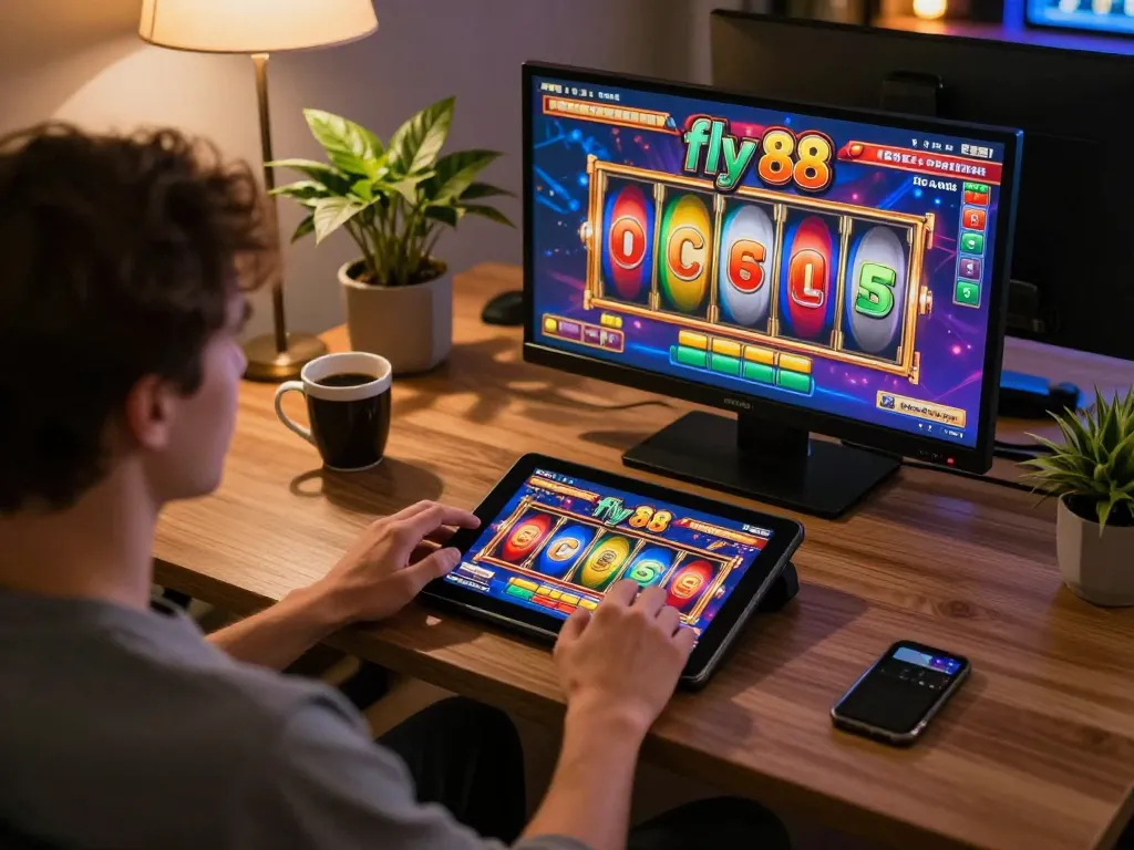 Engaging in fly 88 slot game on tablet in a cozy home setup, blending fun and strategy.