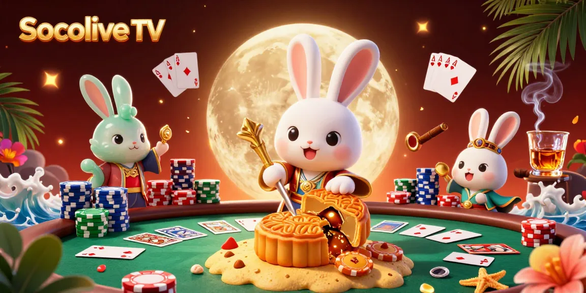 Socolive TV brings immersive poker action with vibrant characters on a moonlit stage showcasing poker chips and game elements.