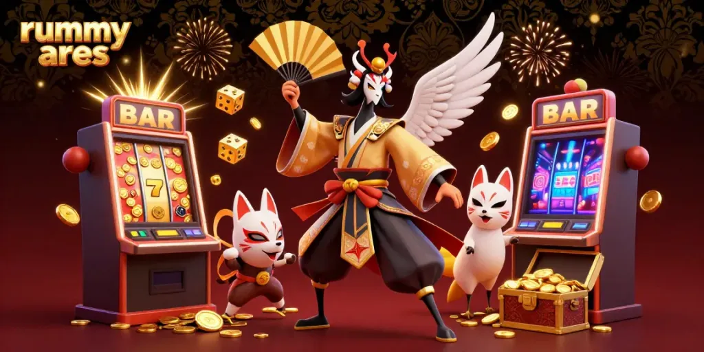 Experience thrilling rummy ares gameplay with a kabuki warrior and kitsune in a vibrant 3D scene.