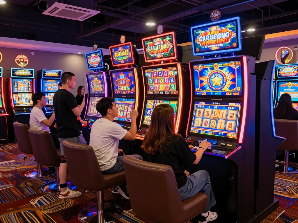 Pemain menikmati permainan slot gacor hari ini di lingkungan kasino yang penuh semangat dengan tampilan berwarna-warni.