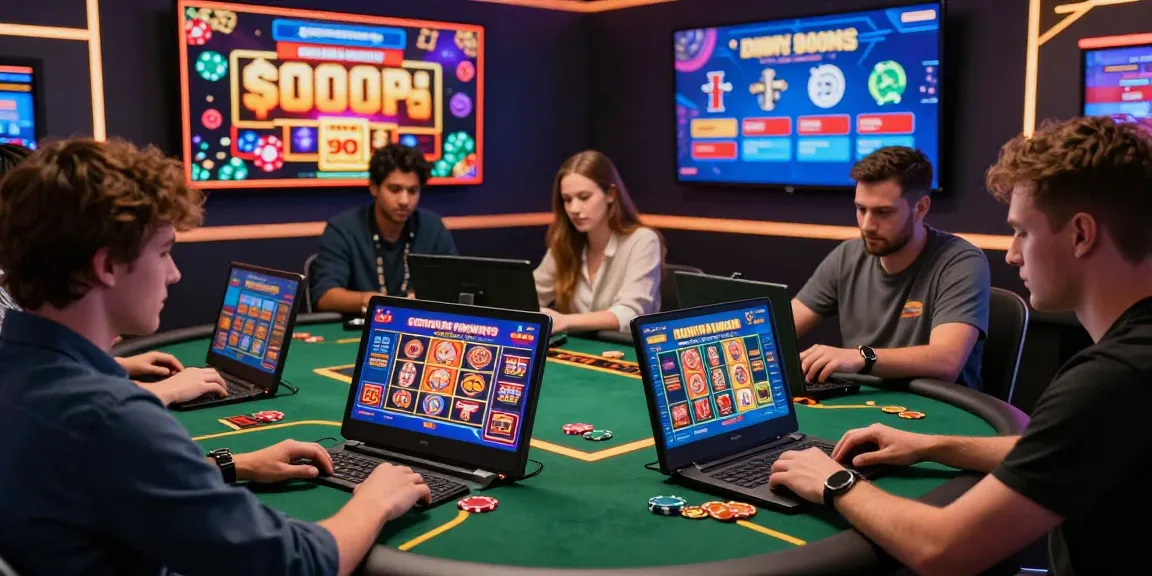 UK players exploring credit card casinos at https://thegbhouse.co.uk/, featuring vibrant gaming screens and engaging atmospheres.