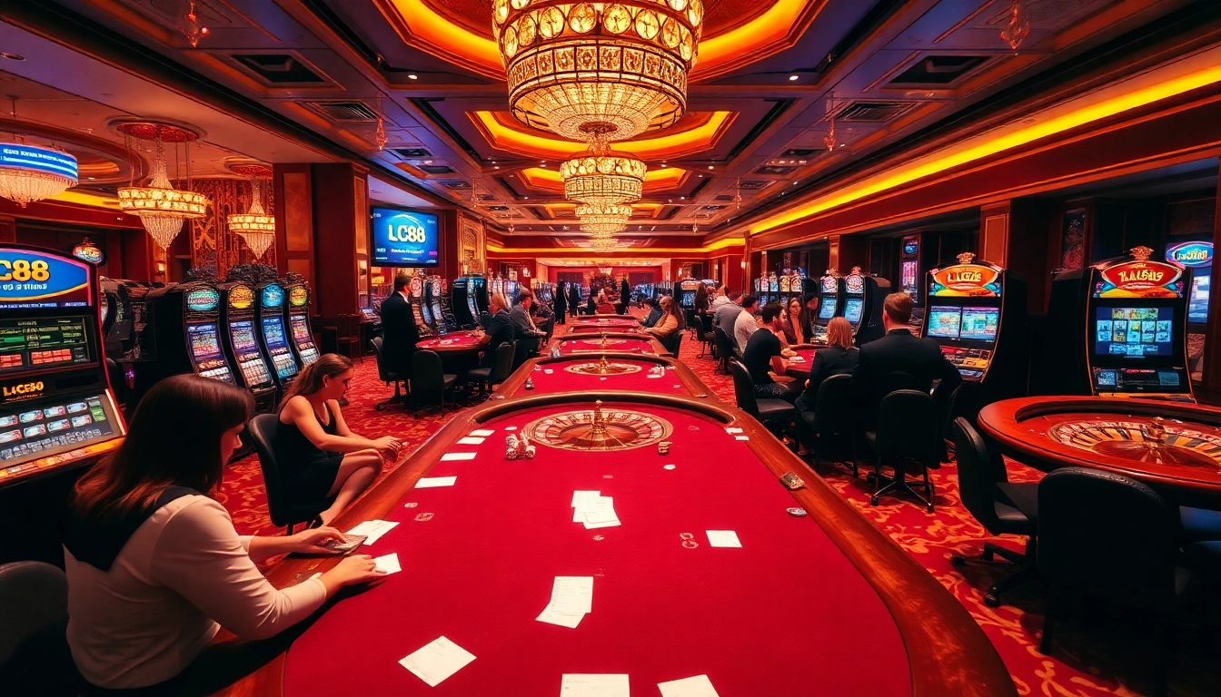 Exciting casino atmosphere with LC88 branding featuring poker tables and slot machines.