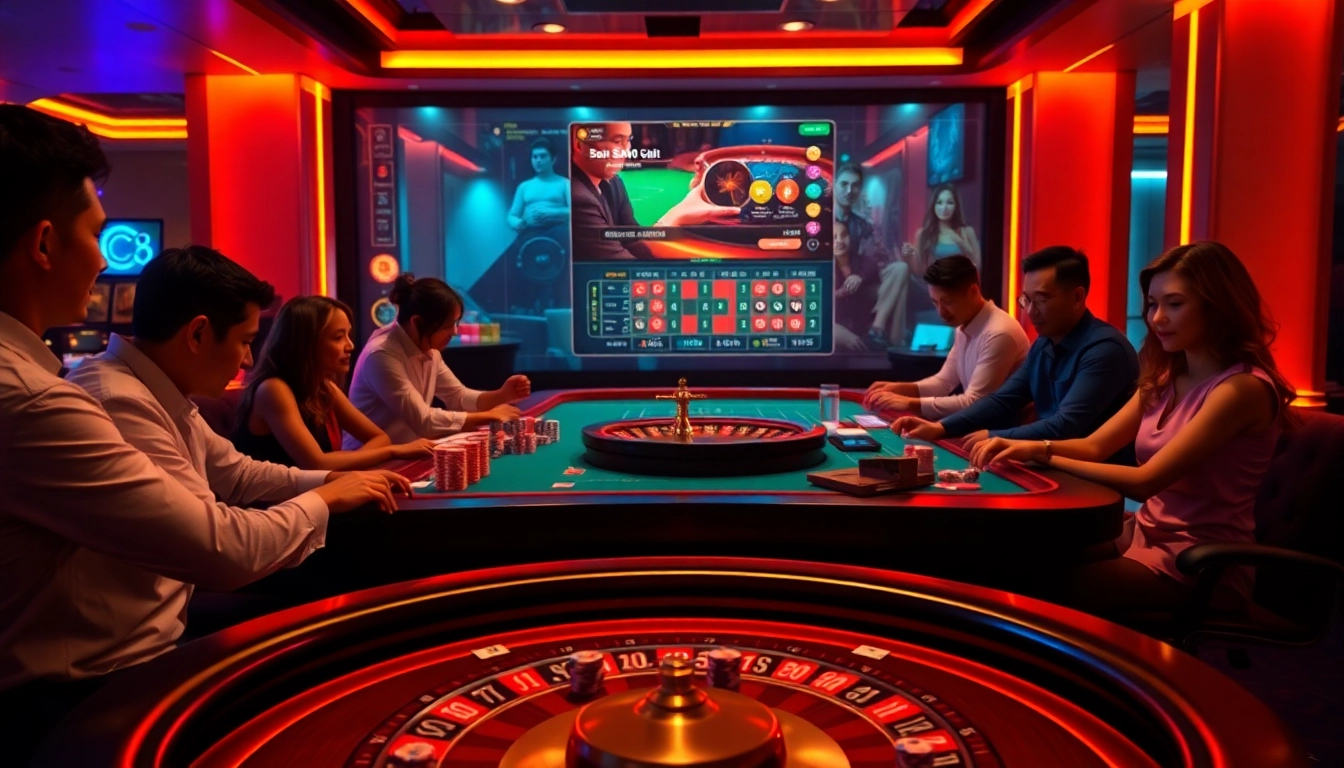 Experience the thrill of Nhà Cái SC88 Uy Tín at a luxurious casino table with poker and roulette games.