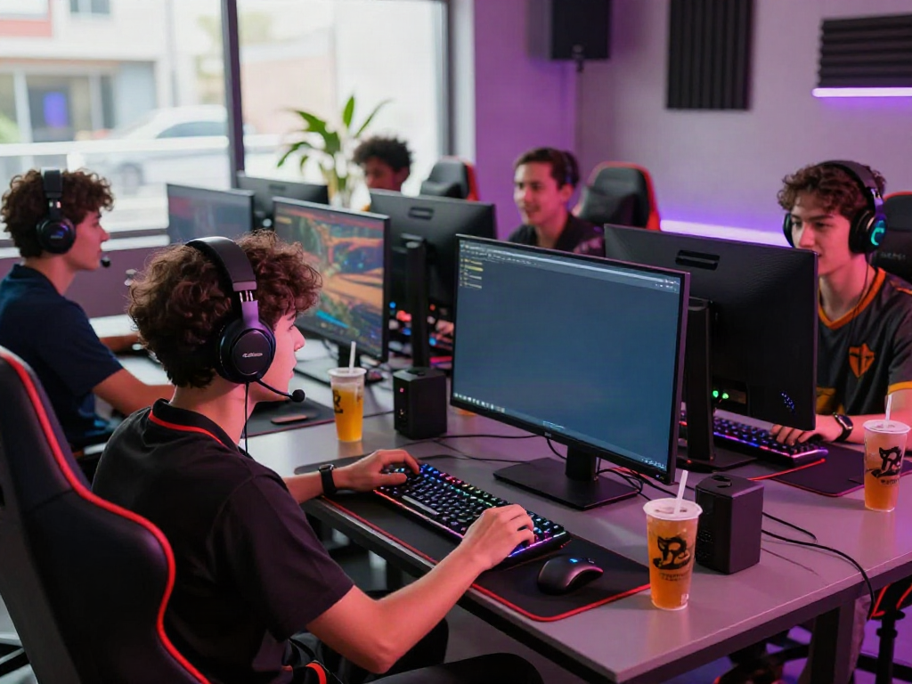 Engaged gamers at an online gaming lounge, showcasing akunjp gaming excitement.
