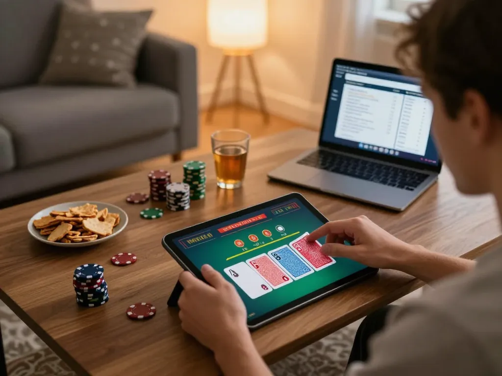 Sunwin online blackjack gameplay on a tablet, relaxing home setting with strategic betting notes