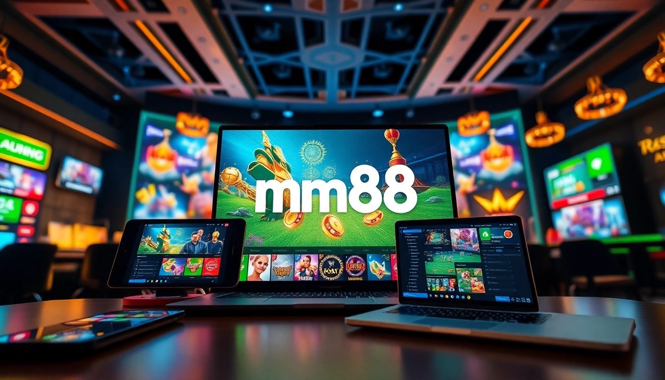 Experience thrilling online gaming with mm88, featuring vibrant casino and sports betting graphics for an exciting user journey.