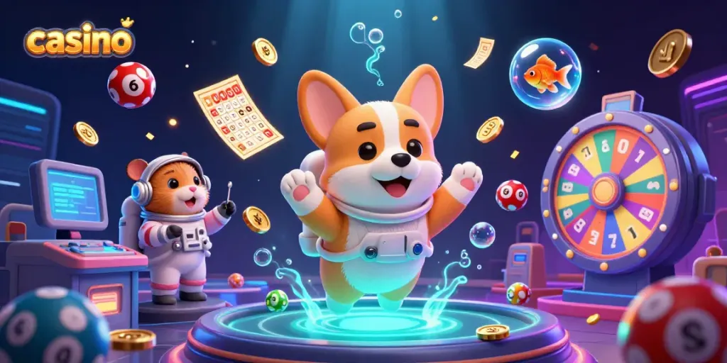 Play and win at this futuristic casino with a floating corgi, lottery balls, and glowing elements.