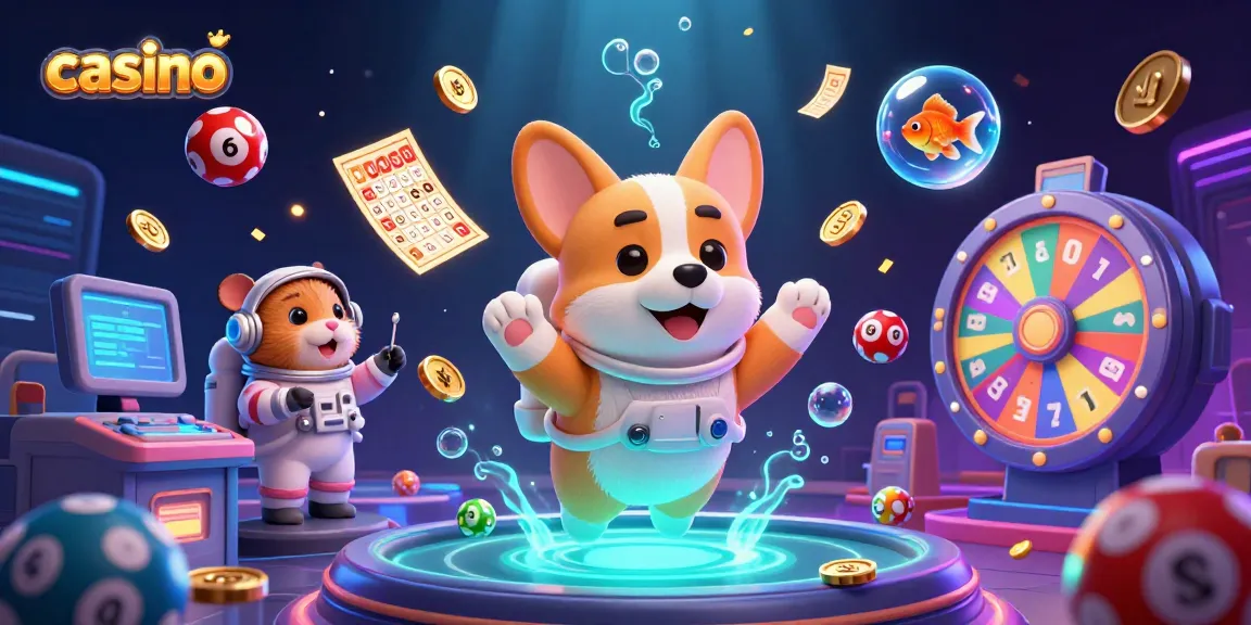 Play and win at this futuristic casino with a floating corgi, lottery balls, and glowing elements.