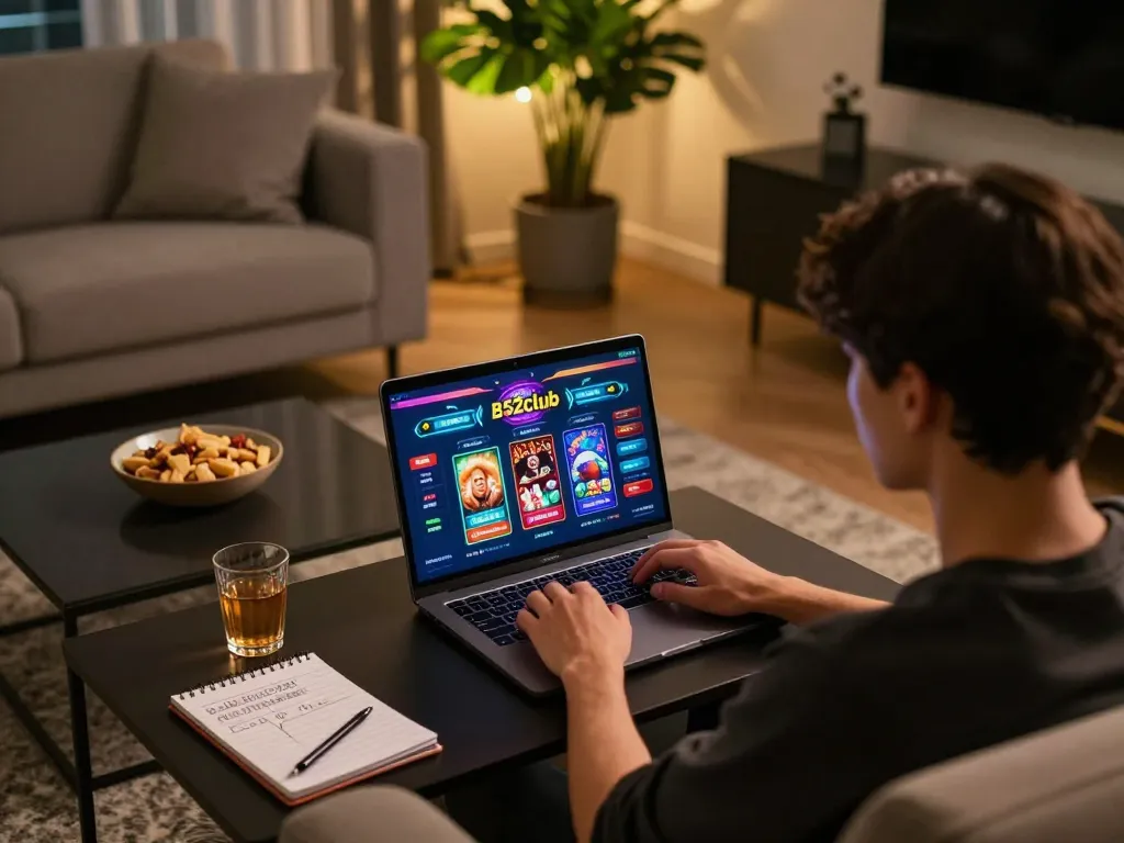 Engaging online gaming scene showcasing a player enjoying B52club casino games in a cozy living room setting with snacks and strategy notes.