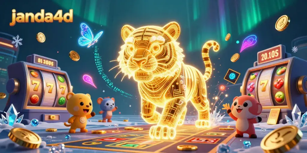 Gambarlah janda4d yang memukau dengan harimau emas dan simbol slot di latar belakang kasino.