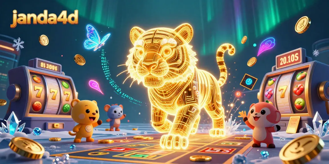 Gambarlah janda4d yang memukau dengan harimau emas dan simbol slot di latar belakang kasino.