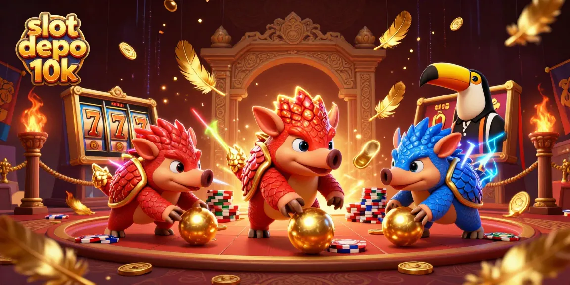 Engage in excitement with slot depo 10k as rival pangolins compete amidst vibrant casino elements.
