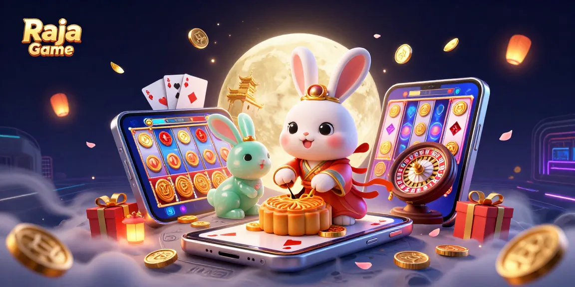 Play exciting games on Raja Game with a vibrant casino illustration of a moon rabbit, poker chips, and rewards.